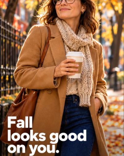 Woman in a camel coat and glasses on an autumn street, Fall looks good on you