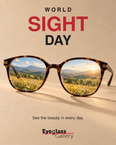 World Sight Day, tortoiseshell glasses reflecting a mountain landscape
